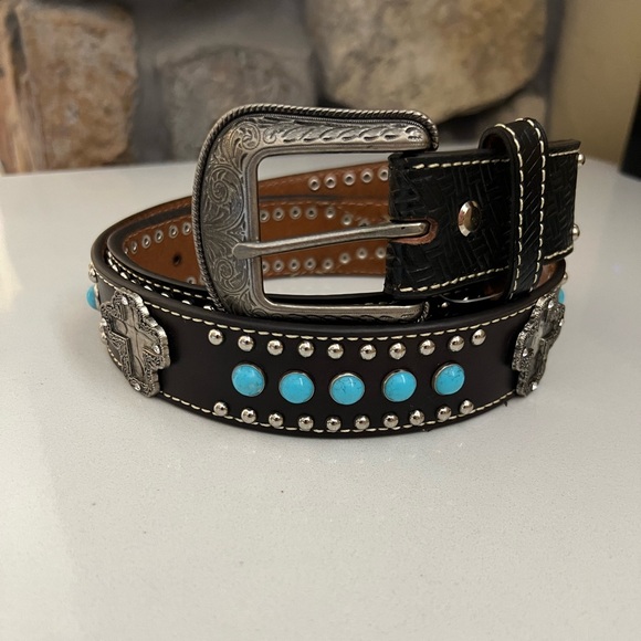 Turquoise accent Leather Belt Size 34 - Picture 6 of 14